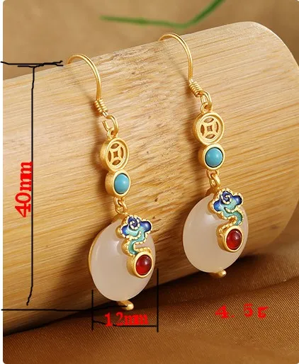 S925 sterling silver Hetian jade safe buckle earrings female ethnic wind burnt blue auspicious clouds earrings