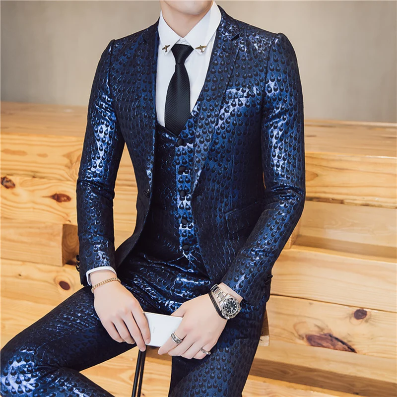 Luxury Baroque Suit Gold Blue Tuxedo Jacket+vest+pant Smoking Homme Costume Mariage Homme Party Wedding Stage Clothing 3XL