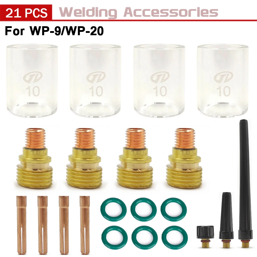 

21pcs TIG Welding Torch Gas Lens #10 Glass Cup Back Cap Collet Kit For WP-9 WP20 WP25 Series Tool Durable Accessories