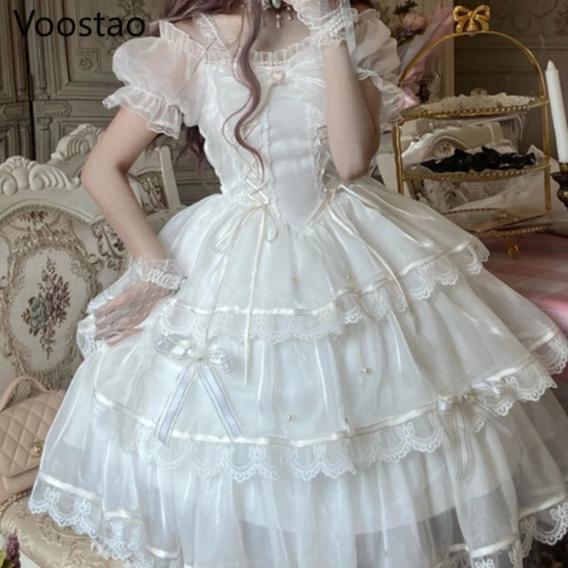 Sweet Lolita Princess Dress Women Cute White Bowknot Lace Ruffles Flowers Wedding Dresses Girly Kawaii Tulle Party Fairy Dress