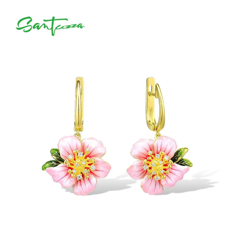 SANTUZZA Silver Earrings For Women 925 Sterling Silver Light Pink Blooming Flower Drop Earrings Fine Jewelry Handmade Enamel