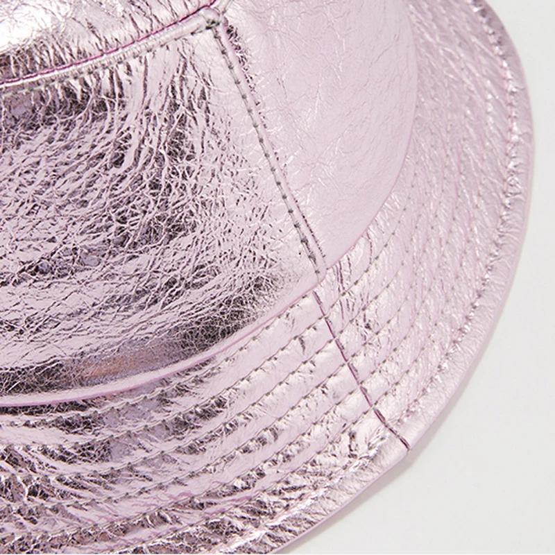 Hats For Women Bright Real Leather Burst Cracks Short Brim Fisherman Caps Femme Fashion Korean Pink Silver Golden Basin Chapeu