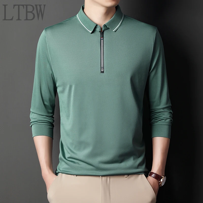 

LTBW New men long-sleeved POLO long-sleeved T-shirt soid color zipper POLO casual business work trend wild men four season