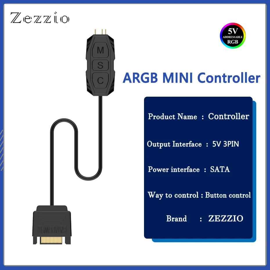 ZEZZIO-minicontrolador de 5V, 3 pines, ARGB, ventilador, caja de luz, barra adaptadora, controlador Simple para refrigeración de CPU