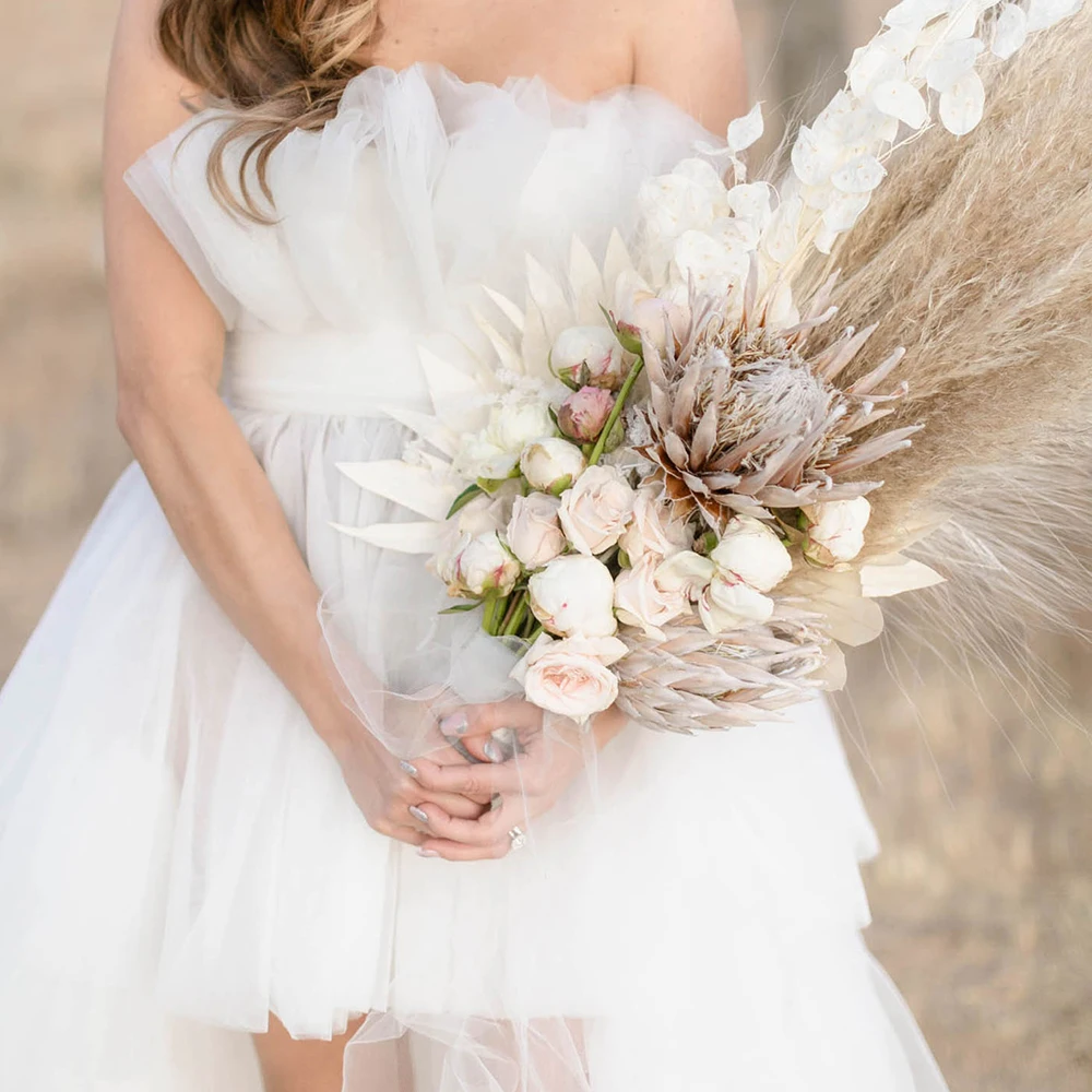 Mini vestido de novia plisado rústico de tul, talla grande, hecho a medida, festoneado, sin tirantes, con cremallera, alto y bajo