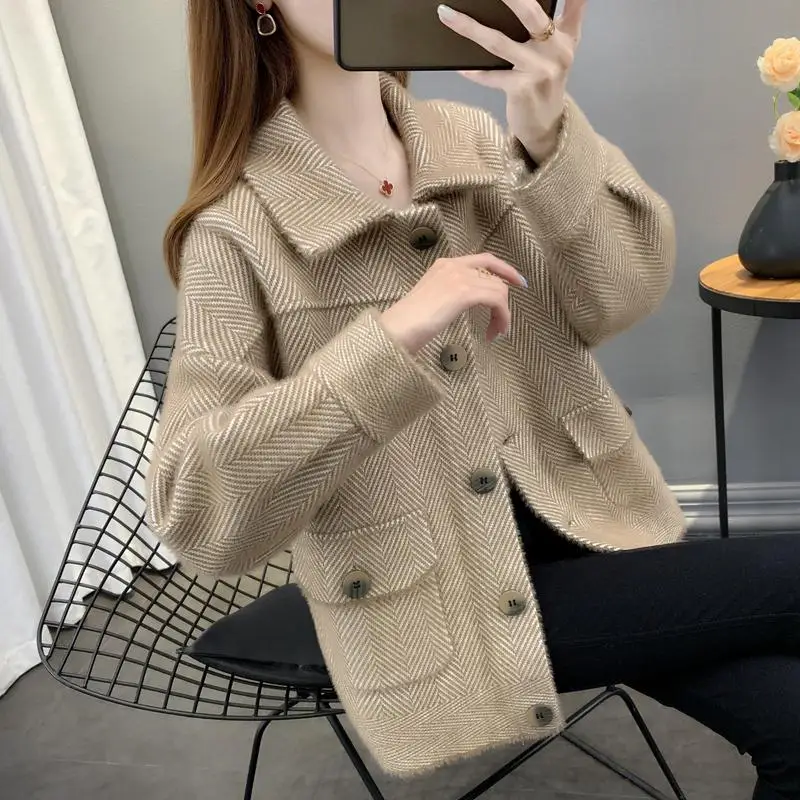 2022 New Women Woolen Jacket Female Imitation Mink Velvet Coat Ladies Short Wool Coats Lady spring Autumnr Knit Cardigan Tops C