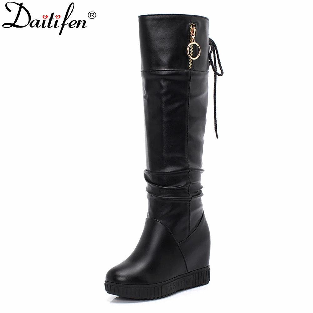 Daitifen Women Knee High Boots Winter Fashion Boots Hidden Heeled Platform Lace Shoes Zipper Round Toe Short Plush Warm Boots