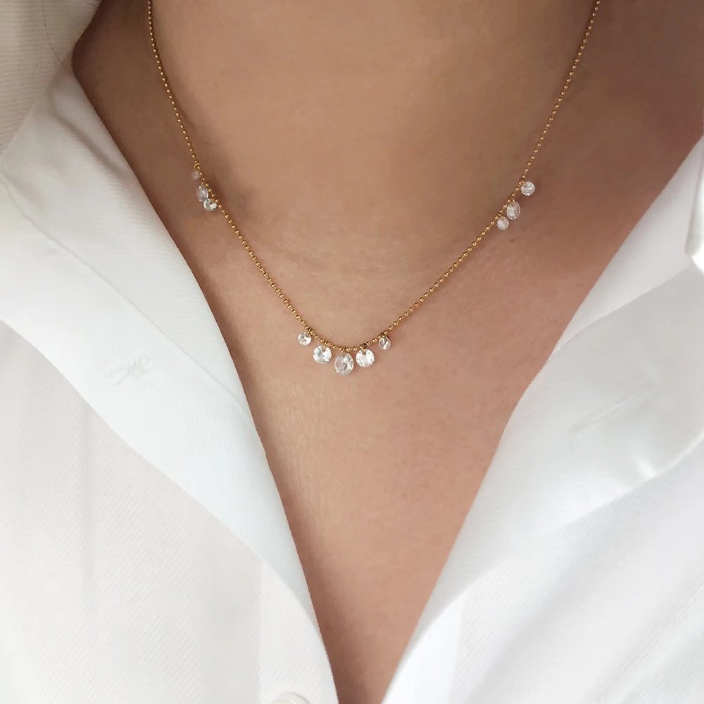 18K Gold Plated Stainless Steel Beaded Clavicle Chain Cubic Zirconia Dewdrop Charms Necklace for Women Girl Jewelry Gift