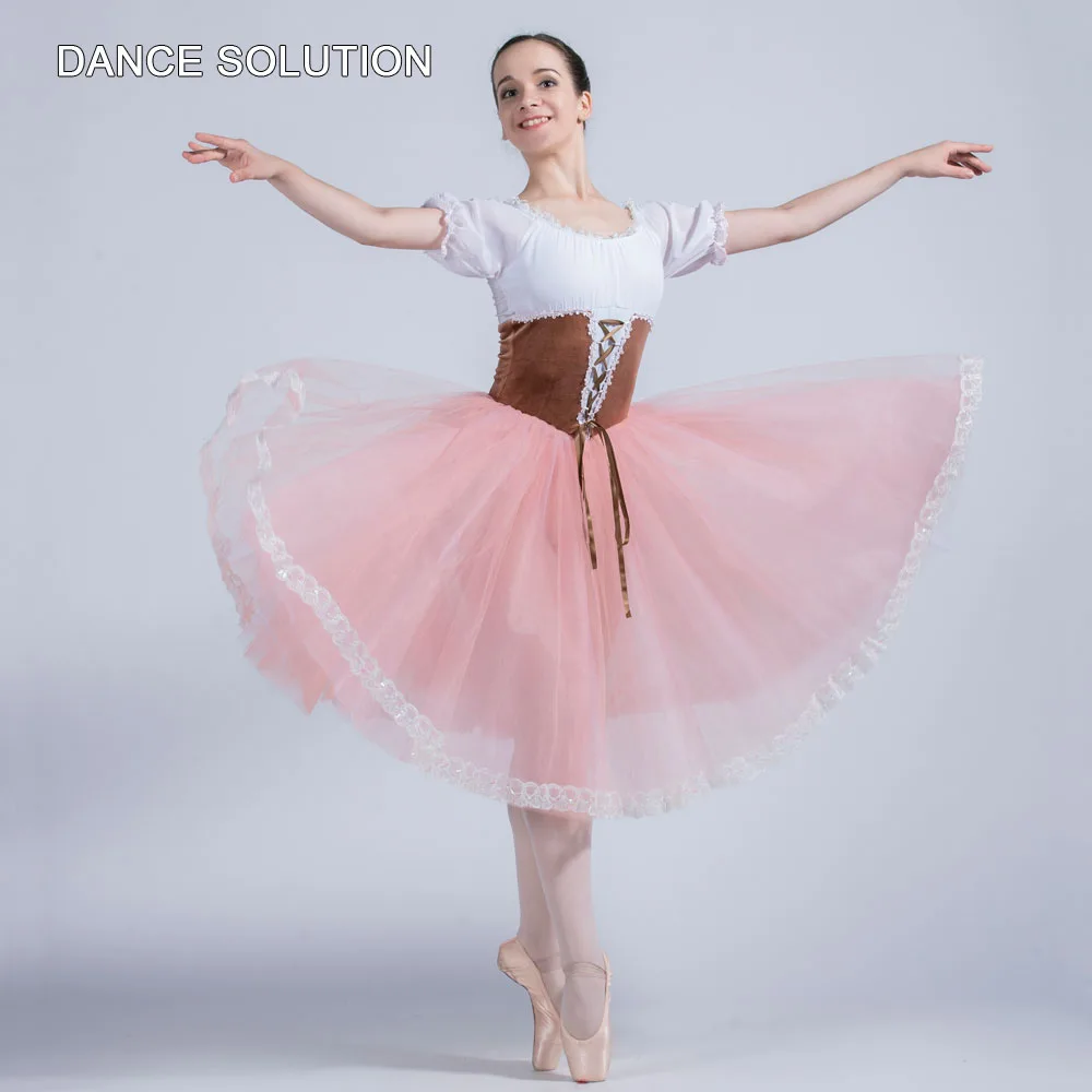 White Chiffon and Brown Velvet Bodice Ballet Tulle Dress with Pink Skirt for Girls & Women Romantic Ballet Tutu Costumes 20004