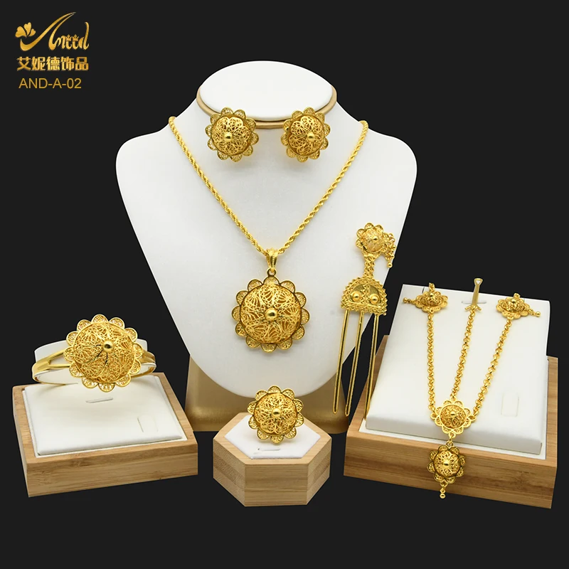 Ethiopian Bridal Jewelry Sets 24K Gold Color Headwear Necklace Earrings Bracelet Ring Habesha Wedding Jewellery Set For Women