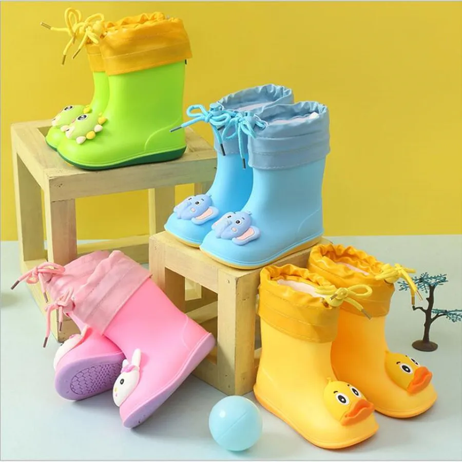 Classic Kids Rainboots Girl Cute 3D Boys Boots Children's Rain Boots All Seasons Plush Warm Waterproof Toddler Shoes