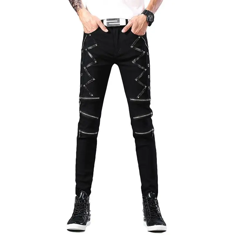 Idopy Men`s Skinny Faux Leather Cotton Patchwork Pants Punk PU Stage Performance Night Club Party Leather Trousers Knee Zippers