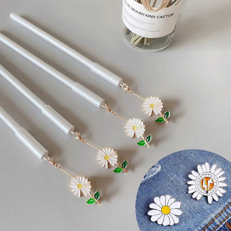 24pcs Korea white daisy brooch pendant gel pen dual-use student black simple and lovely creative pen