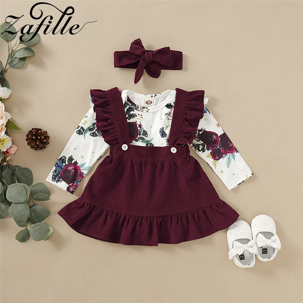 ZAFILLE Winter Baby Romper Set For Newborns Girl Clothes Floral Bodysuit+Suspender Skirts+Headband Baby Suits Outfits Kids Dress