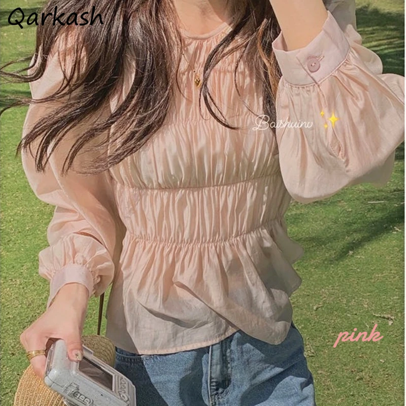 

Women Blouses Chiffon Spring Long Puff Sleeve Folds Elegant Loose Tender Fairy Chic Fashion French Style All-match O-neck Fresh