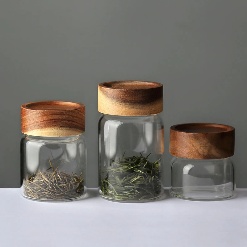 Clear Glass Storage Canister with Lid, Airtight Jar with Wooden Cover, Serving Tea Coffee Spice, Modern Decorative Small Bottle