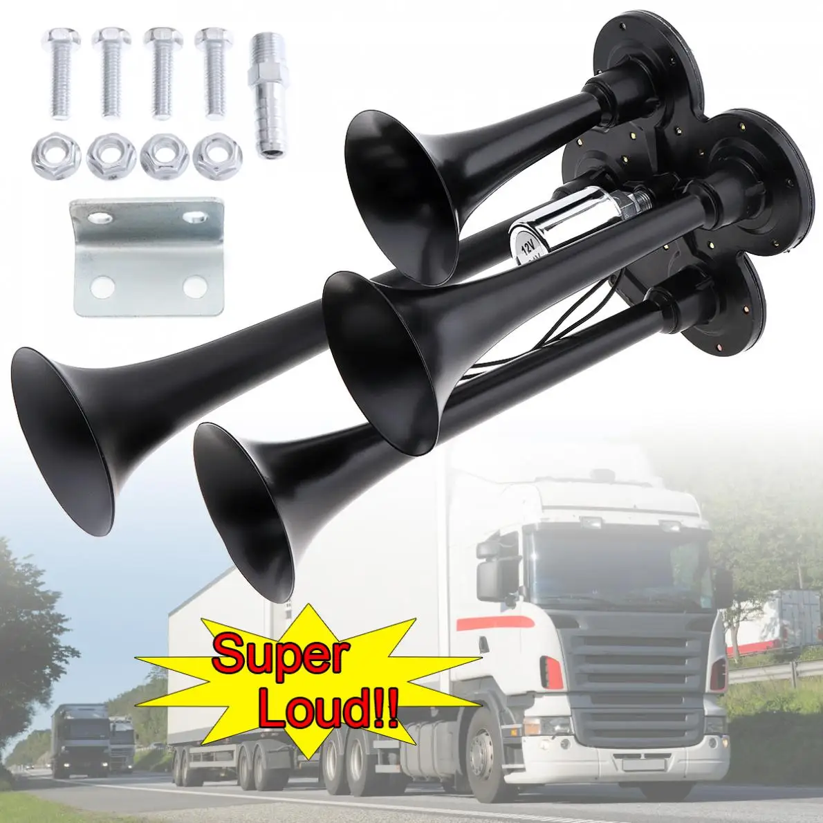 178DB Super Loud Car Horn 12V Four Trumpet Electronically Controlled Vehicle Car Air Horn for Car Truck Boat Motorcycle