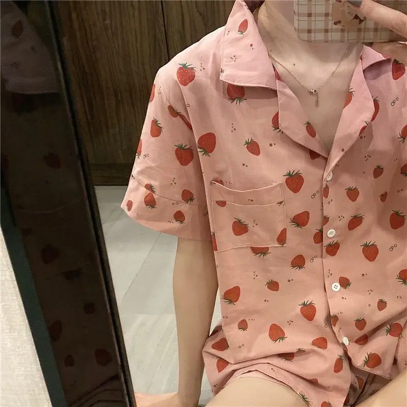 Pajama Sets Women Summer Lovely Strawberry-print Sweet Teens Korean Style Leisure Fashion Design Mujer Soft Simple Sleepwear Ins