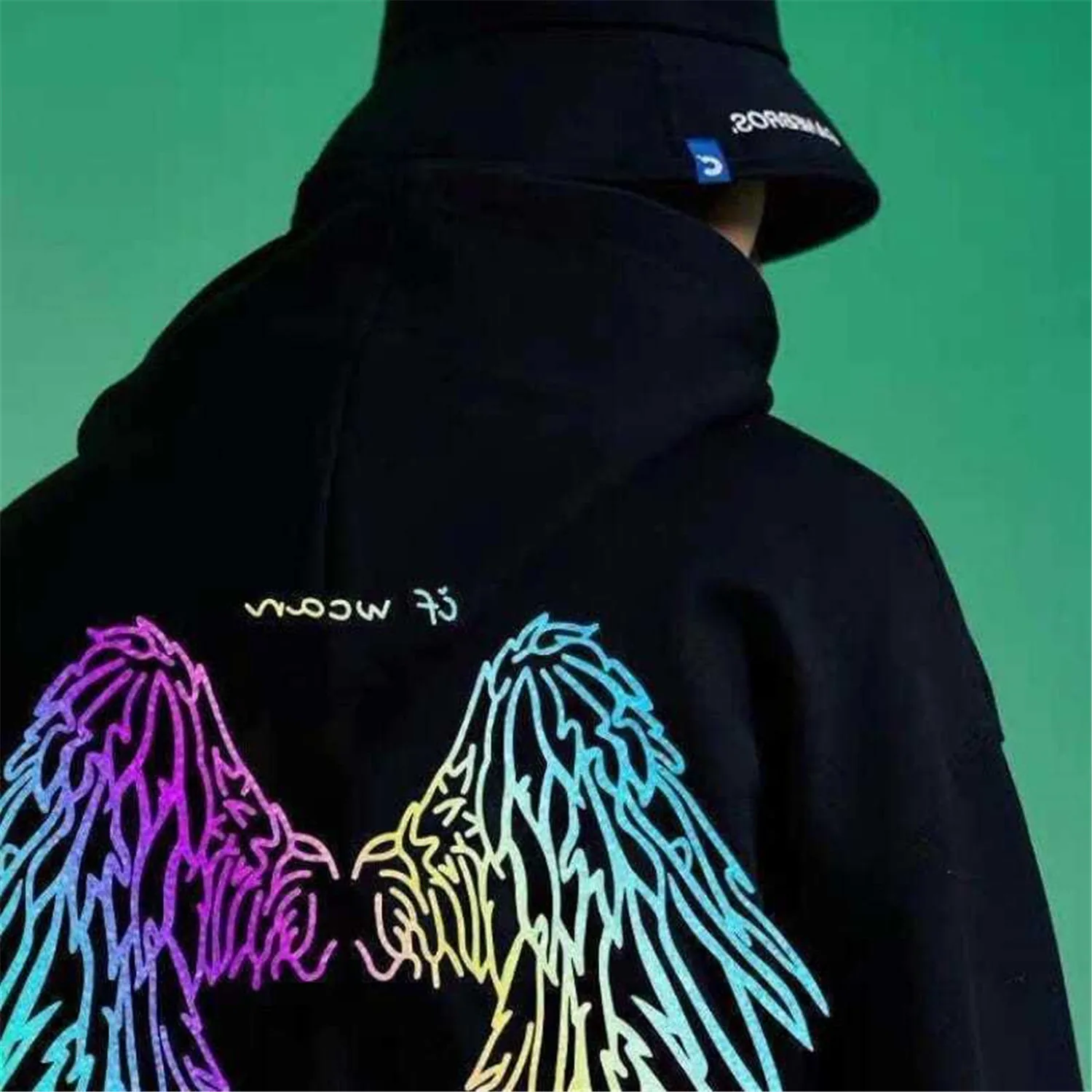 Black Wings Reflective Print Sweatshirt Pullover Hoodie Casual Long Sleeve Loose Harajuku High Street Tops Streetwear Clothes