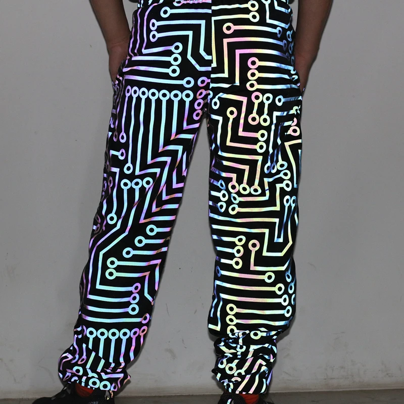 Colorful Reflective Joggers Men Loose Hip Hop Pants Geometric Circuit Lines Harajuku Casual Sports Trousers Jogging Sweatpants