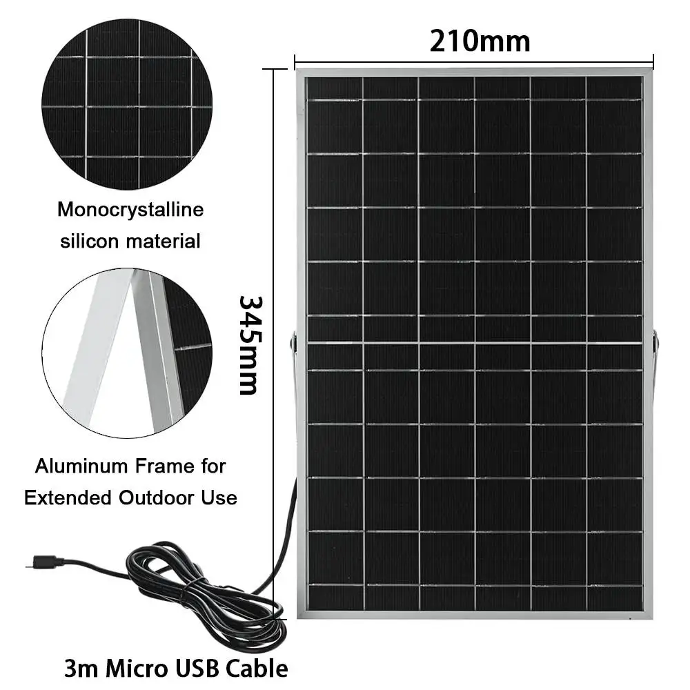 50W Solar Panel 6V Micro USB for Security Camera Monocrystal Silicon Outdoor Solar Power Panel Charger With 3m Charging Cable