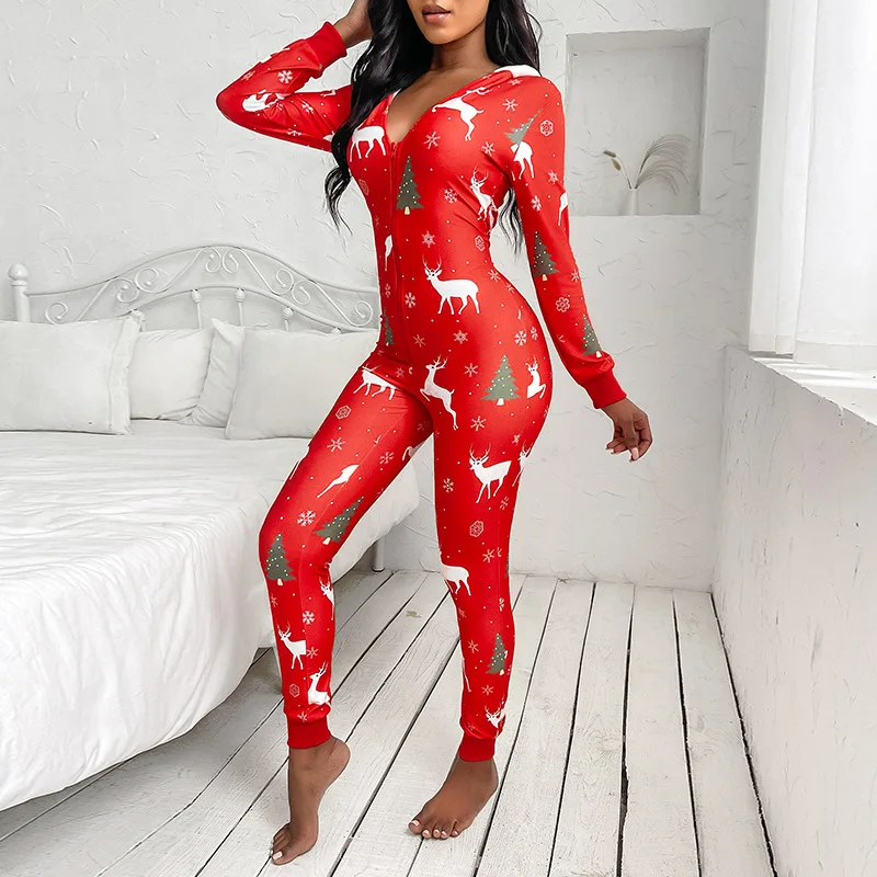 

OMSJ Cute Hooded Christmas Carnival Party Print Jumpsuit For Sleepwear 2023 Front Zip Low-cut Sexy Slim Romper Female Loungewear