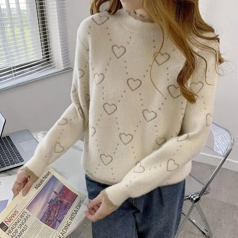 

Pullover Sweater Half-high Collar Coat Sweater Female Autumn And Winter 2023 New Small Short Thick Love Knit Bottoming Sweater