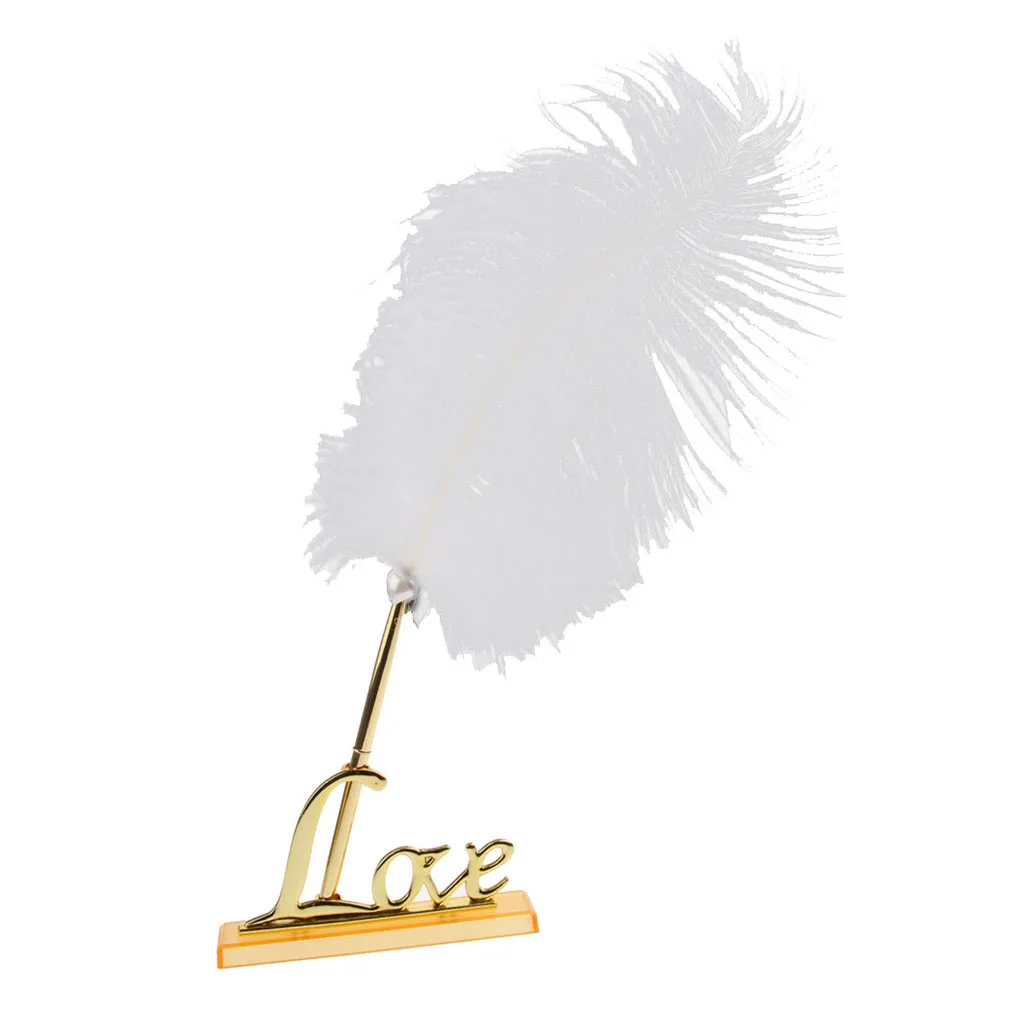 Wedding Signature Feather Signing Pen Gold Plated Love Metal Holder Set