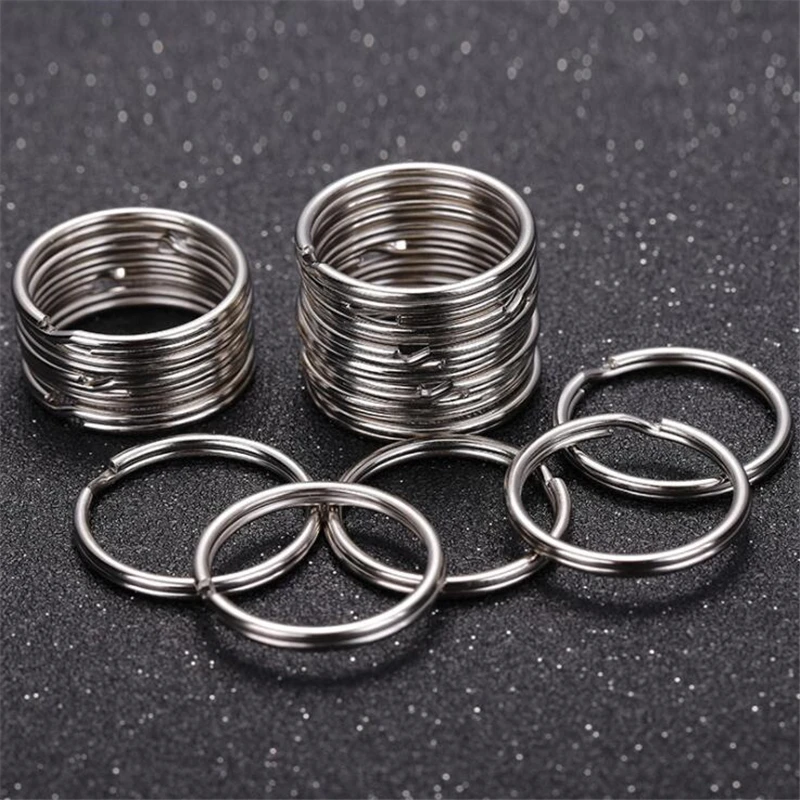 50pcs 12/15/20/25/28/30/32/38mm Silver Color Keyring Stainless Steel Hole Key Ring Key Chain Rhodium Plated Round Split Keychain