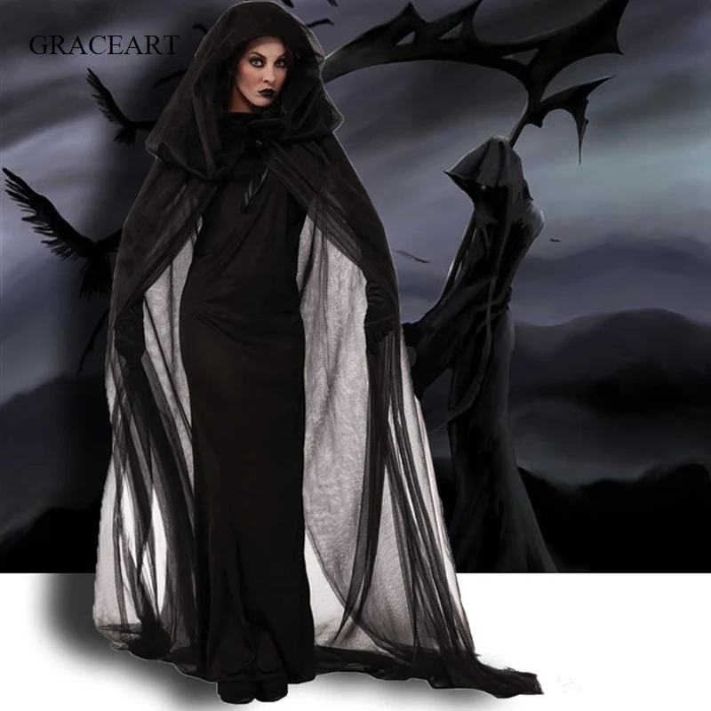 Halloween Costumes Medieval Hood Tulle Cloak for Women Cosplay Vintage Vampire Horror Bride Long Cloaks Cape