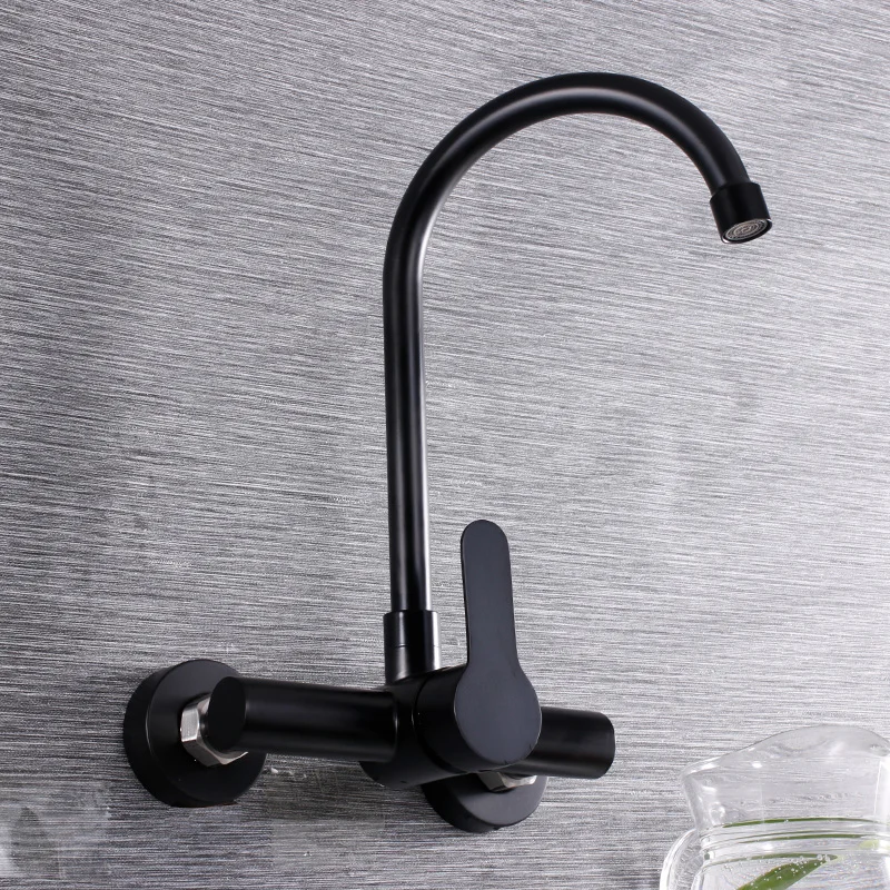 Black Wall mounted kitchen faucet hot and cold sink water tap single handle wall install