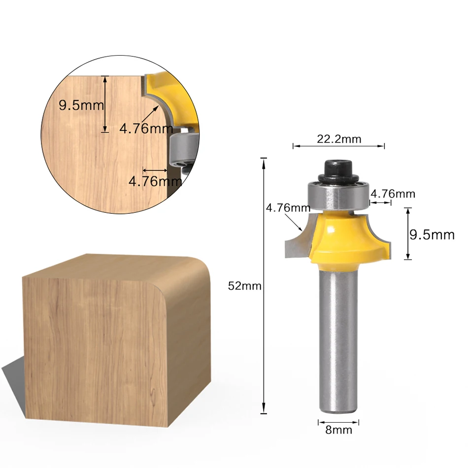 5pcs 8mm Corner Round Over Router Bit with Bearing Milling Cutter for Wood Woodworking Tool Tungsten Carbide