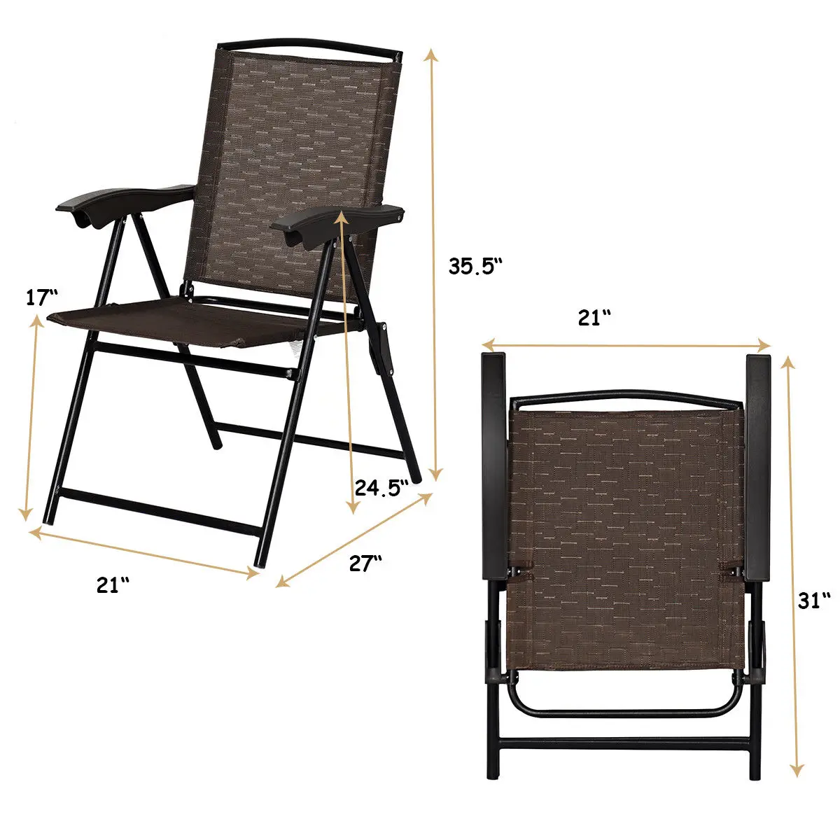 Costway 4PCS Folding Sling Chairs Steel Armrest Patio Garden Camping W/Adjustable Back