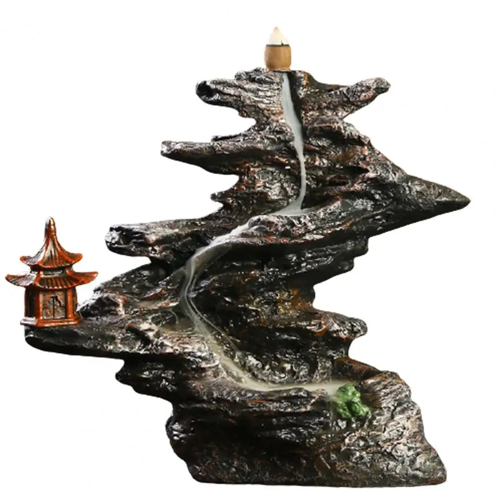 Mountain Stream Teahouse Smoke Waterfall Backflow Incense Burner Ceramic Holder with 50pcs Cones Home Decor Landscape Zen Monk M