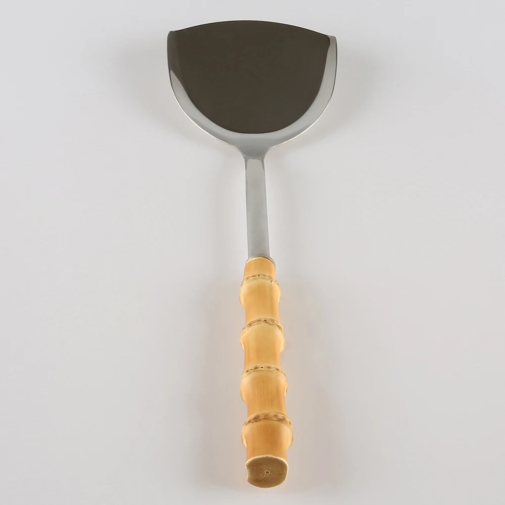 Kitchen Utensil Stainless Steel Long Bamboo Root Handle Heat Resistant Scoop Ladle Cooking Shovel Turner Wok Spatula