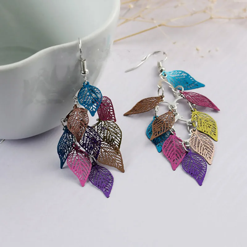 Fashion Vintage Leaf Drop Earrings Colorful Feather Pendant Tassel Women Earrings Accessories Party Jewelry Trend Birthday Gift