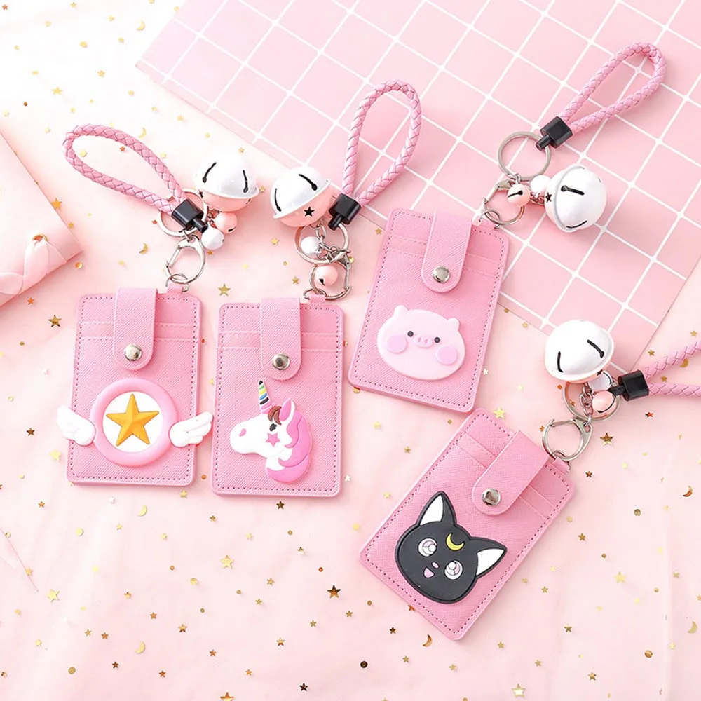 1 Pcs Cute Credit Card Set Pink Girl ID Card 3 Card Slots Student Card Bus Card Lanyard Card Set with Key Chain