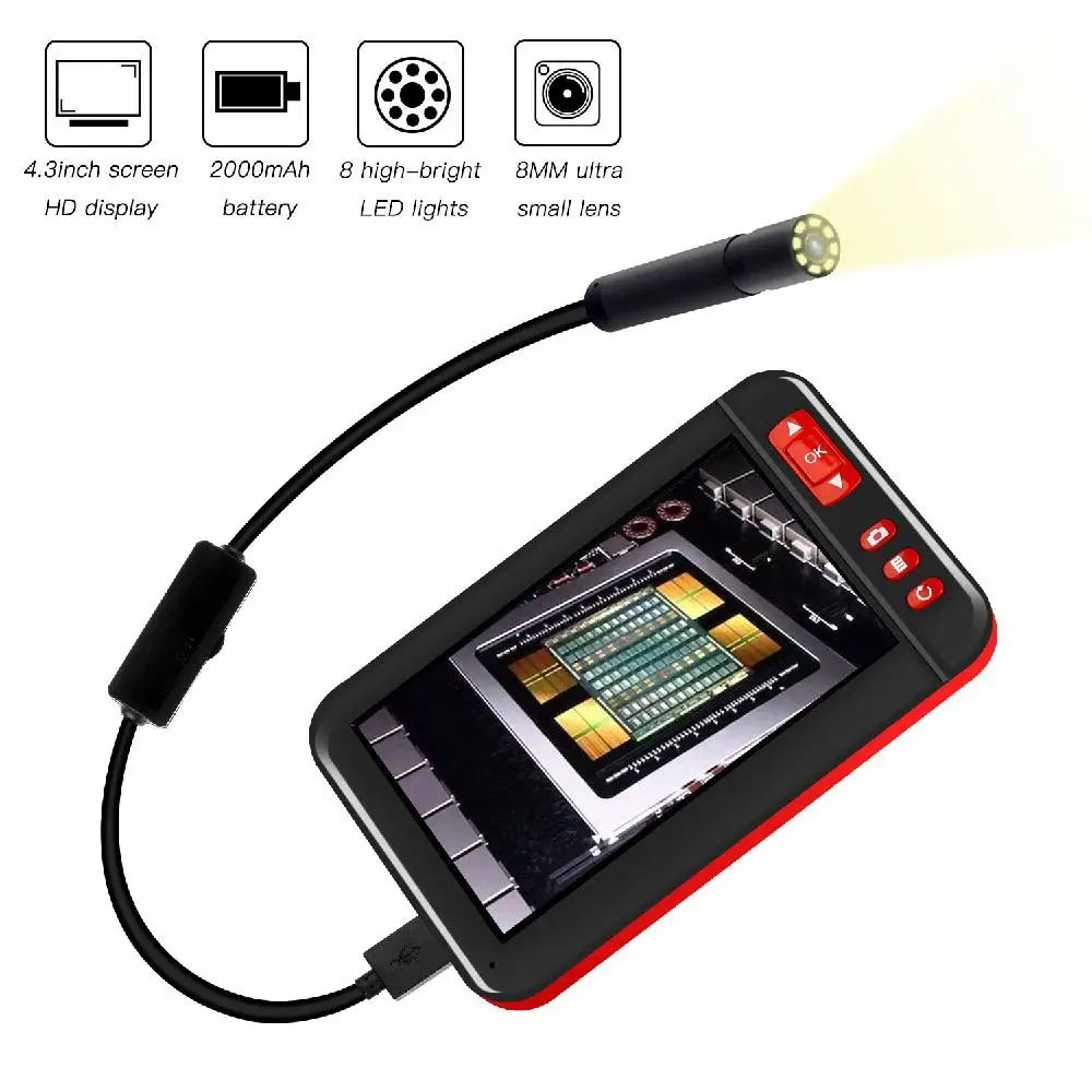 Cámara endoscópica impermeable, boroscopio de inspección con pantalla de 1080 pulgadas, 8mm, 4,3 P, 2000mAh, 8 luces LED