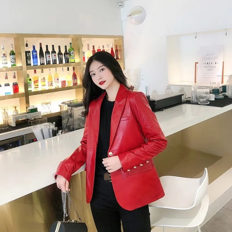 Fashion Office Lady Sheepskin Suit Jacket Brand Black Red Single Button Blazer Women Streetwear Slim 100% Real Leather Outerwear