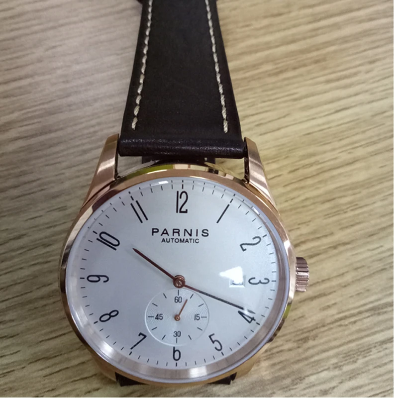 New Parnis White Dial Rose Gold Case Mechanical Automatic Mens Watches Leather Strap Men Wristwatch Luxury Waterproof Clock Gift