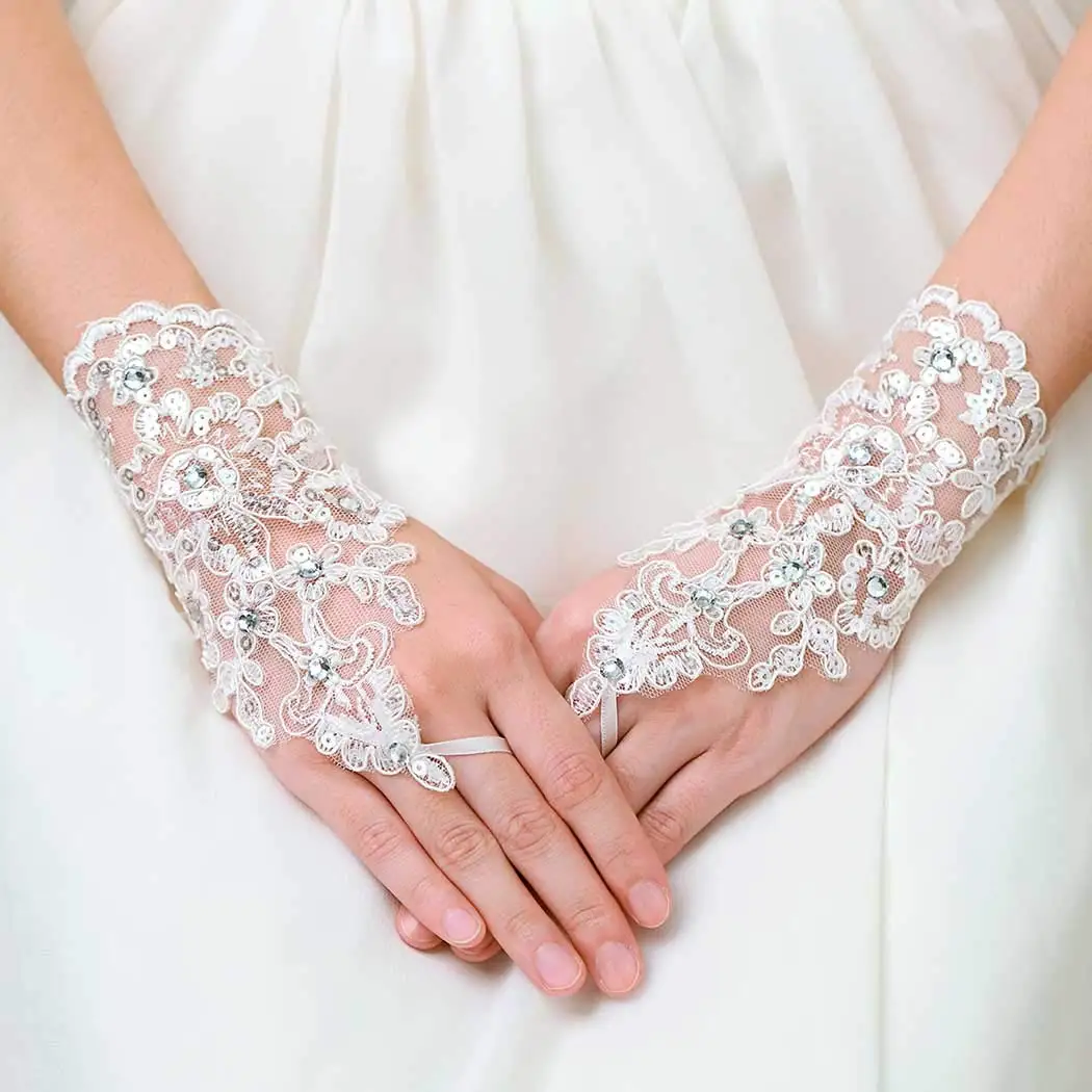 Guantes de encaje de cristal para boda, guantes de flores nupciales para mujer, 2022