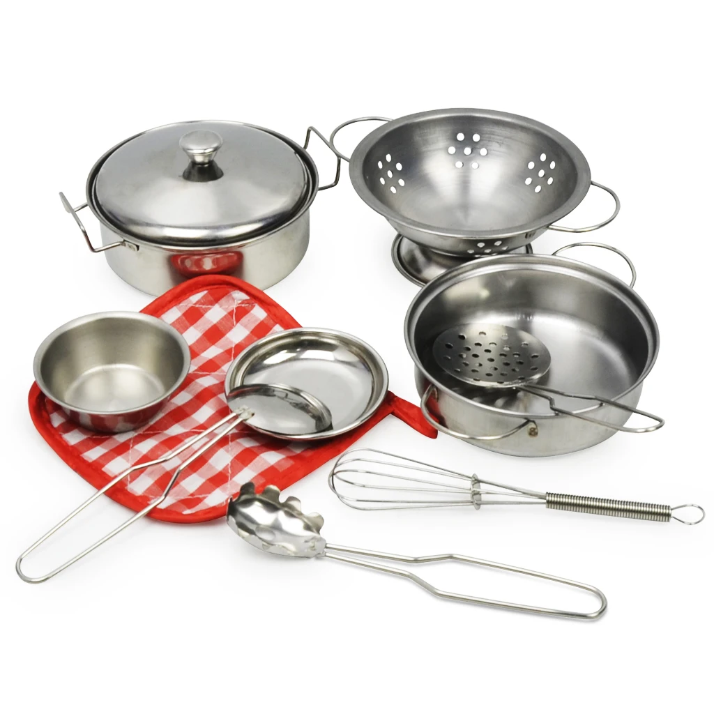 Play House Toy Stainless Steel Pots & Pans Play Set, Play Cookware Set Role Play Game for Kids Construction, 10 Pieces