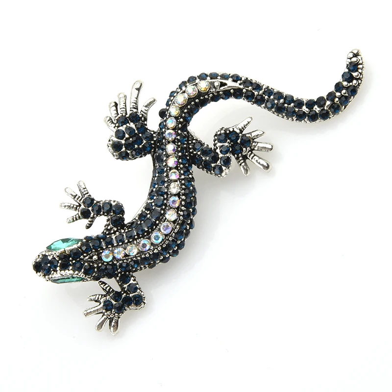 Wuli&baby Blaue Strass Gecko Broschen Damen Herren Schöne Metall Tier Brosche Pins Neujahrsgeschenke