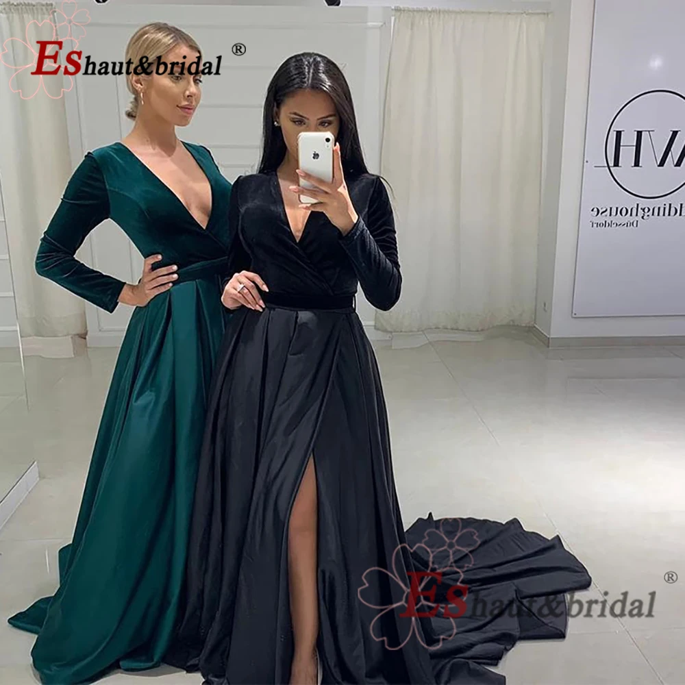 Vestido de noite feminino de veludo, elegante, mangas compridas, decote em v, cetim com fenda lateral, vestido formal, baile de casamento, 2021