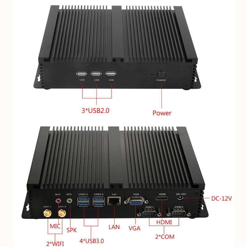 Fanless Industrial X86 Mini PC i7-8565U i5-8250U 7*24 Working 2*RS232 HDMI VGA 1*Lan 7*USB WiFi Aluminum Rugged Itx Computer