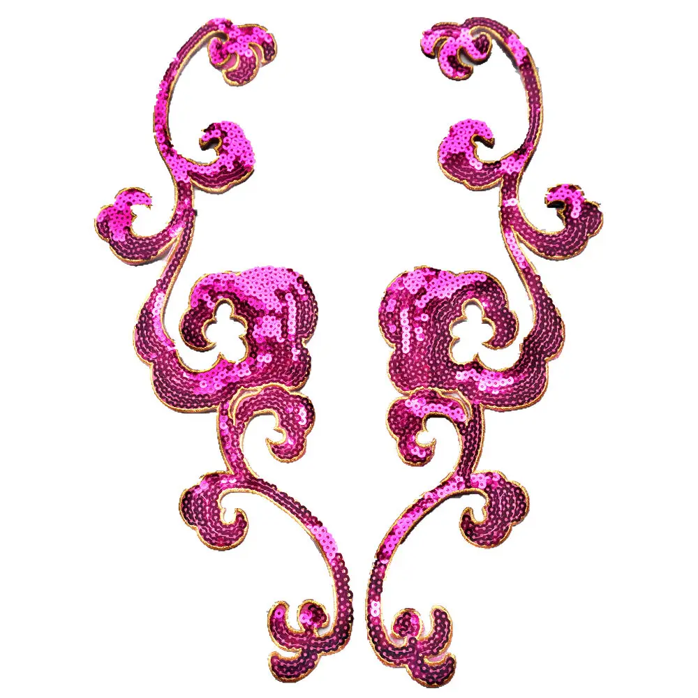 2PCS Gold Silver Sequin Flora Appliques Collar Patches Sew Iron On Badges For Dress DIY Wedding Decoration Craft Blue Red Pink