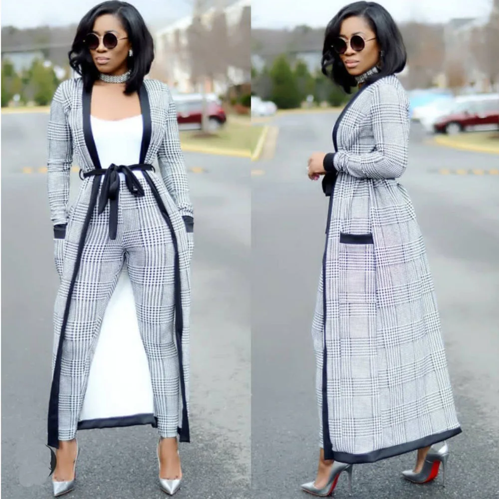 Autumn Fashion African Clothes Three Pieces Set Classic Geometry Print Long Outfits Pure Gray Women Casual Trousers Suit Elegant