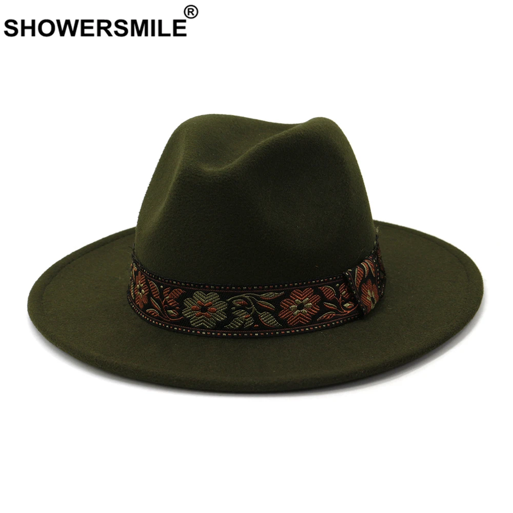 SHOWERSMILE British Women Men Wool Fedora Hat Army Green Winter Autumn Wide Brim Jazz Church Panama Sombrero Cap Vintage Trilby