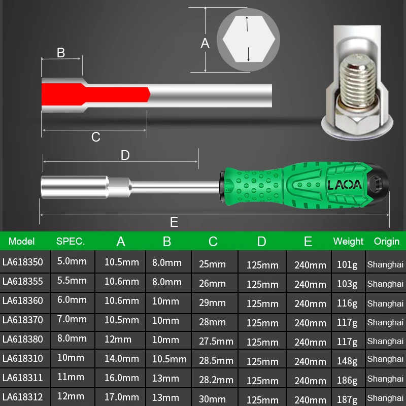 LAOA Deep Hole Sleeve Screwdriver Chrome-vanadium Steel Hex Socket Wrench Deepening Socket