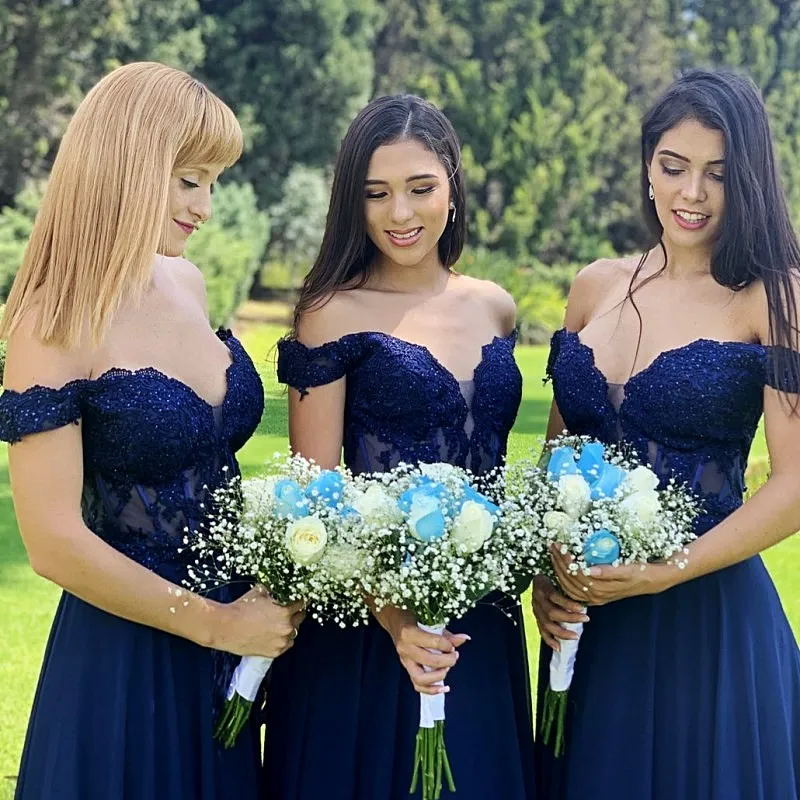 Gaun Pengiring Pengantin Biru Navy Baru Gaun Prom Leher-v Manik Applique Bahu Panjang Bahan Sifon A-line Плана Selanjutnya